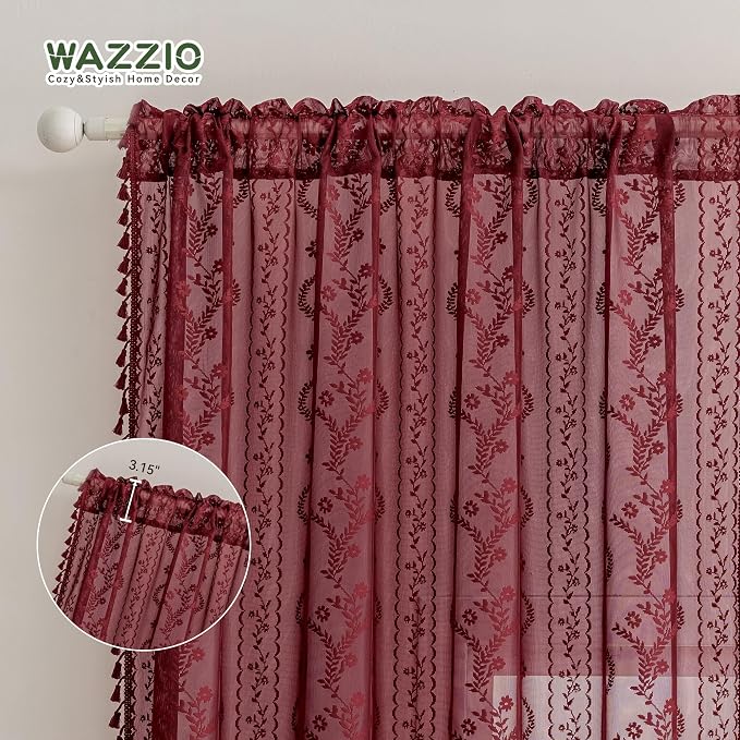 WAZZIO Boho Lace Curtains 2 Panels 84 Inch -Victorian Sheer Panel Drape French - Image 7