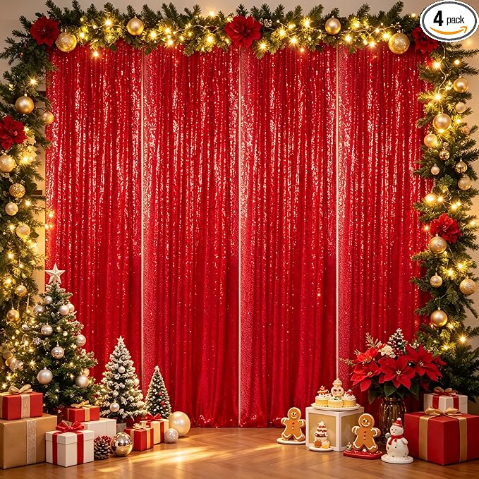 ShinyBeauty Red Sequin Backdrop 4 Panels 2x8ft by ShinyBeauty