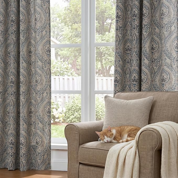 jinchan Blue Damask Curtains 84 Inch Room Darkening Grommet 2 Panels | Blackout - Image 8