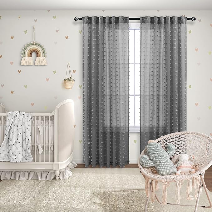 KOUFALL Dark Grey Curtains for Bedroom Living Room, Pom Pom Textured Sheer - Image 4
