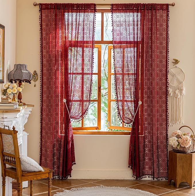 Burgundy Boho Lace Curtains, 59 X 96 inch, Wine Red Sheer Window Panels | Floor - Image 4