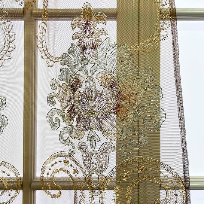 1pc Luxury Brown Embroidered Floral Sheer Tulle Curtain - Image 7