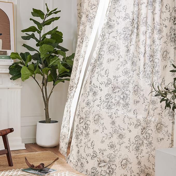 jinchan Black Floral Linen Curtains 54 Inch Vintage Back Tab 2 Panels | Light - Image 7
