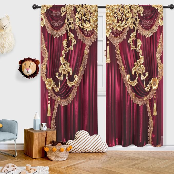 Red Gold Vintage European Elegant No Living Room Bedroom Window Curtains | 52"W - Image 4