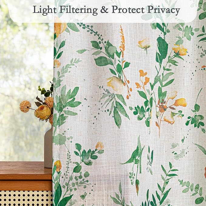 MYSKY HOME Linen Floral Curtains 63 inches Long 2 Panels Set - Image 3