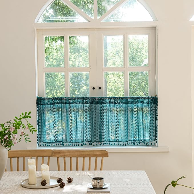 Sutuo Home Boho Valance Tier Curtains Crochet Lace Sheer Bohemian Hollow Knitted - Image 4
