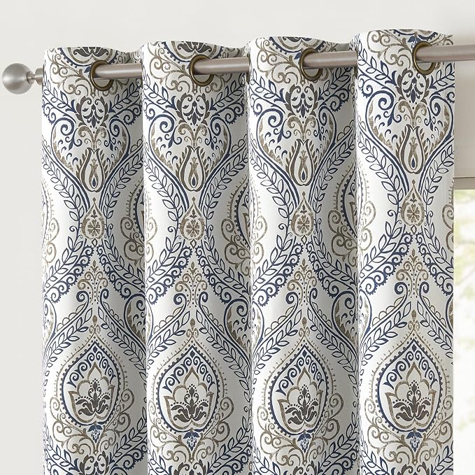 jinchan Blue Blackout Curtains 90 Inch Damask Vintage Grommet 2 Panels | Room - Image 9