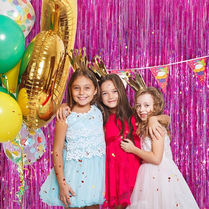 Hot Pink Metallic Tinsel Foil Fringe Curtains, 2 Pack 3.3x8.3 Feet Party - Image 6