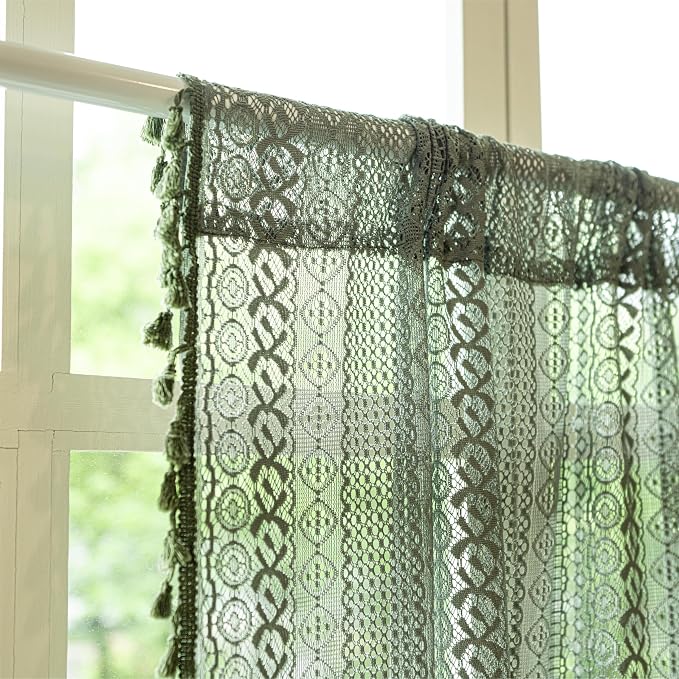 Sutuo Home Olive Green Boho Valance Curtains Crochet Lace Sheer Bohemian Hollow - Image 3