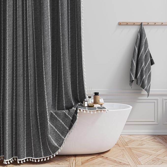 Small Boho Linen Heavy Duty Cloth Shower Curtain, Charcoal Grey | Stall Size by ShowerCurtain