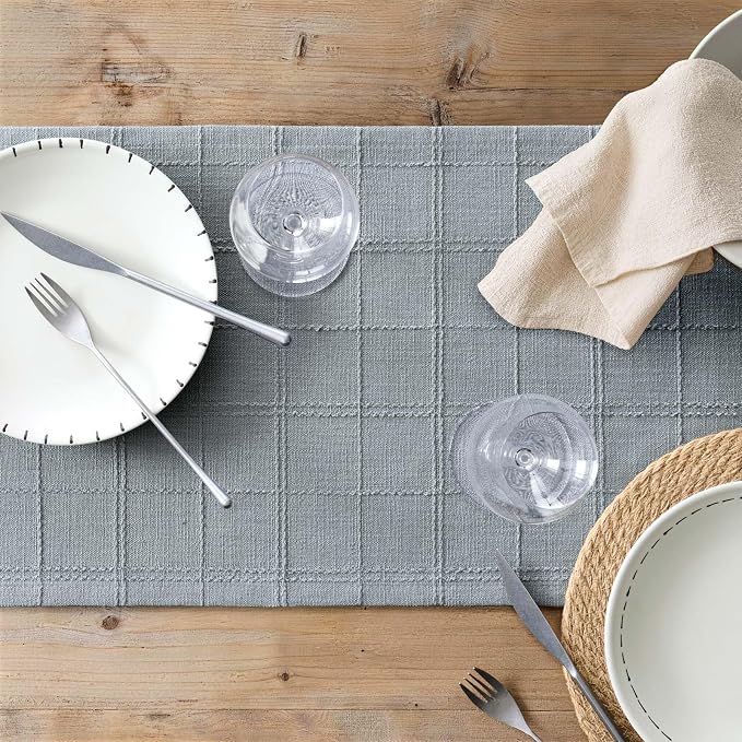 Linen Checked Farmhouse Table Runner, 13x48 Inches Chambray | Raised Grid Design - Image 7