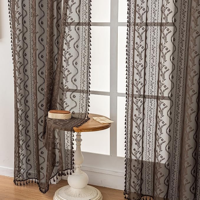 WAZZIO Boho Lace Curtains 2 Panels 63 Inch -Victorian Sheer Panel Drape French - Image 5