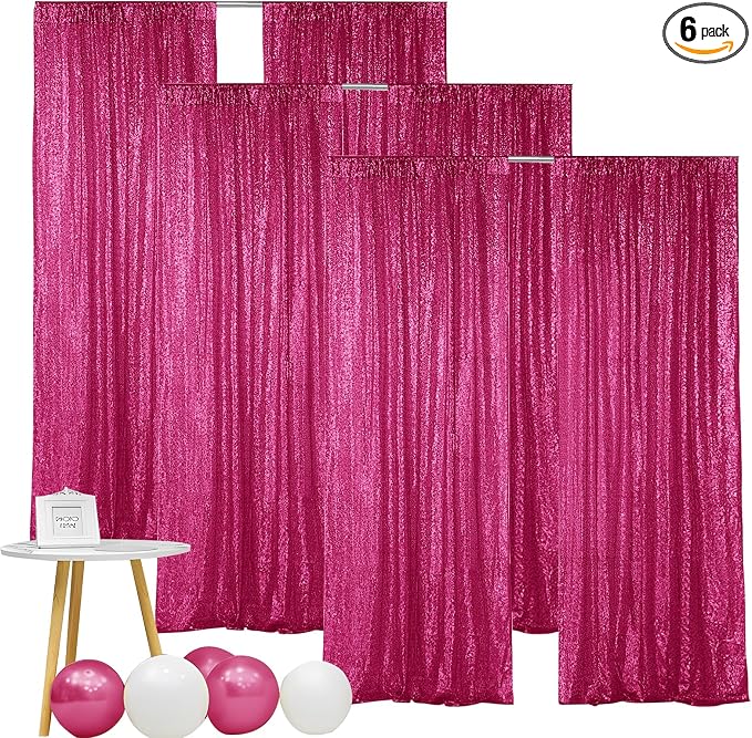 Hahuho Fuchsia Sequin Backdrop Curtain, Party Decoration（6 Panels, 2FT x 8FT by Hahuho