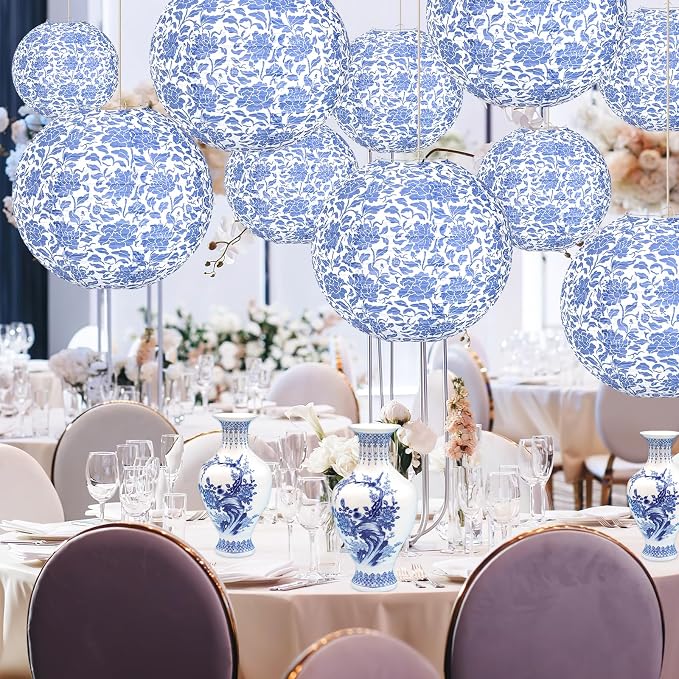 12 Inches Chinoiserie Paper Lantern Celehappy 10pcs Blue and White Porcelain - Image 6