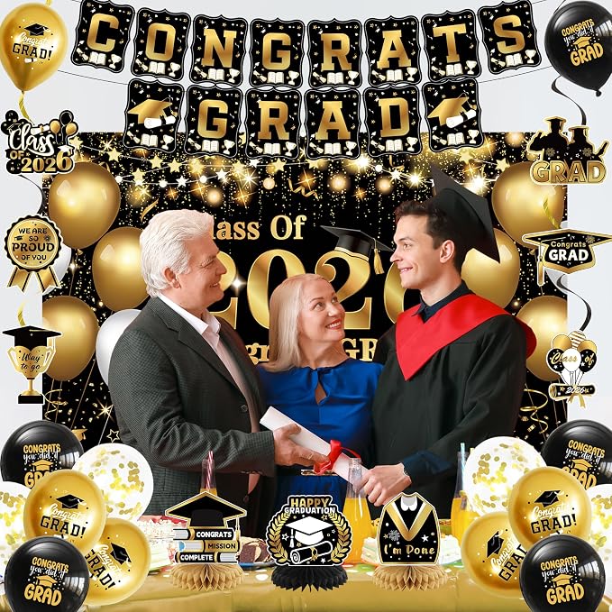 DARUNAXY Black Gold Graduation Party Decorations, 2026 Congrats Grad Honeycomb - Image 5
