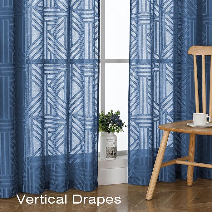Simplebrand Semi Sheer Dusty Blue Curtains 36 Inch Length 2 Panels, Geometric - Image 6