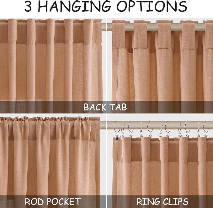 Peach Quartz Curtains 84 Inch Long 2 Panels Set Back Tab Rod Pocket Linen Blend - Image 2