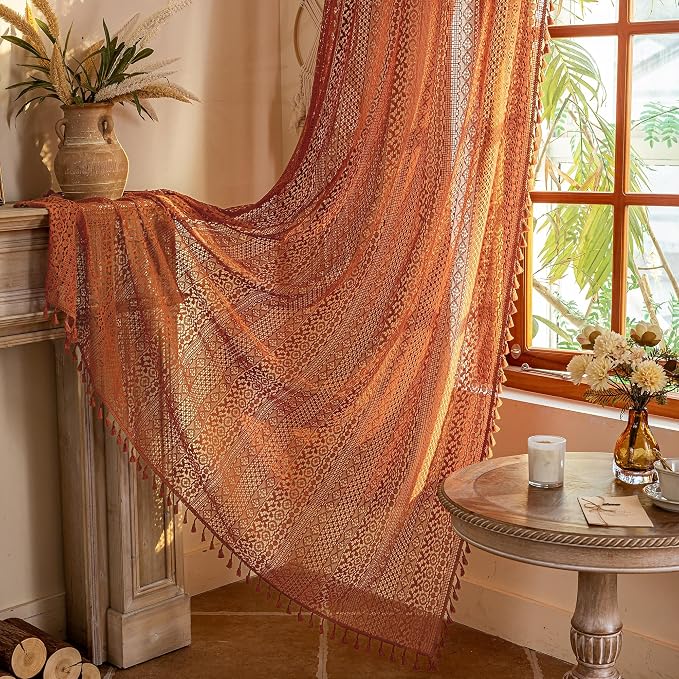 WAZZIO Boho Lace Curtains 72 Inches 2 Panel, Light Filtering Privacy Tassel & - Image 6