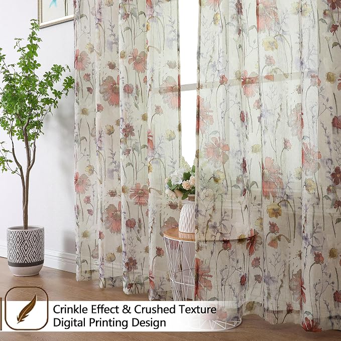 OWENIE Crushed Sheer Curtains 96 Inches Long 2 Panels Set, Sheer Floral - Image 2