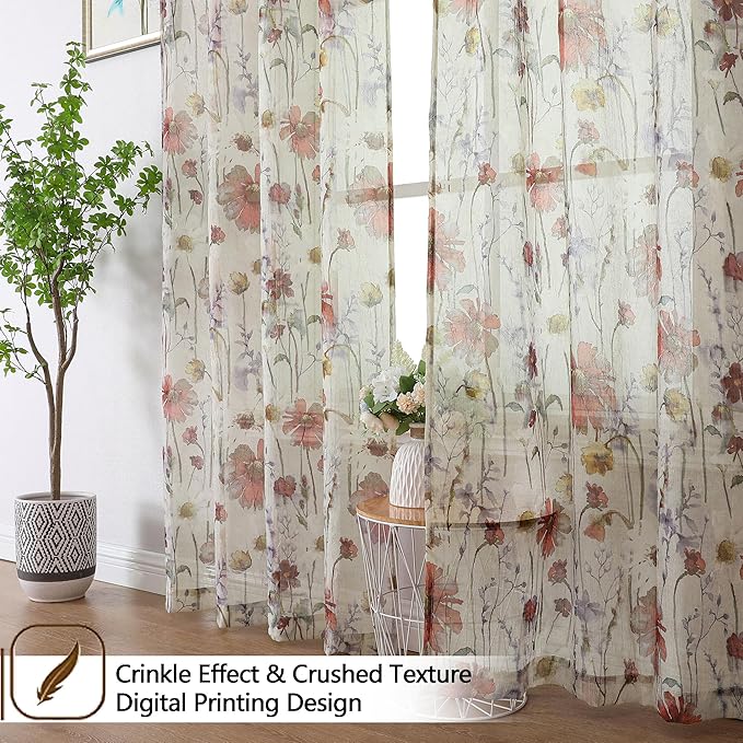 Crushed Sheer Curtains 84 Inch Length 2 Panels Set, Sheer Floral Curtains - Image 3