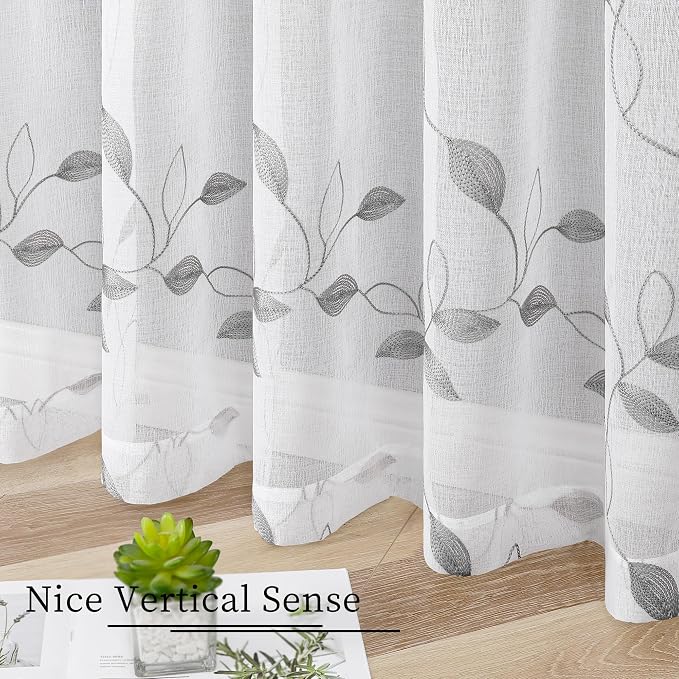 Tollpiz Grey Leaf Sheer Curtains Leaves Embroidered Bedroom Curtain Rod Pocket - Image 4