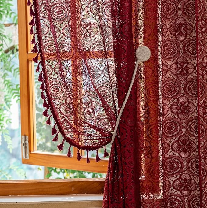 Burgundy Boho Lace Curtains, 59 X 72 inch, Wine Red Sheer Window Panels | - Image 2