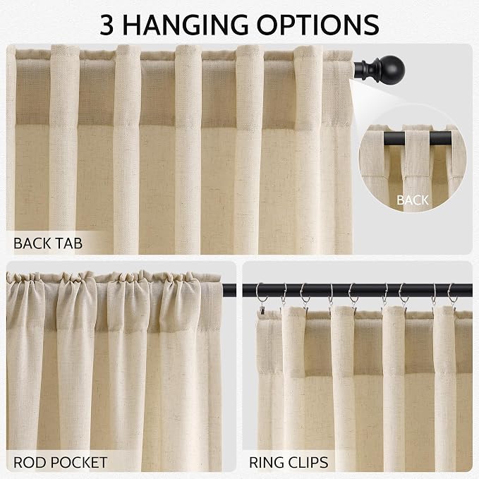 Tan Linen Curtains 90 Inch for Living Room Rod Pocket Back Tab Window Drapes - Image 2