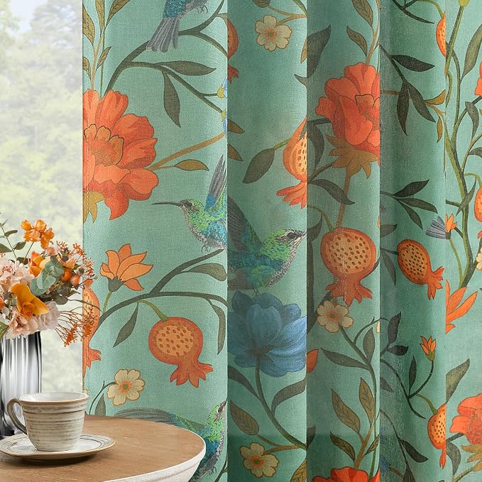 Green Boho Floral Linen Curtains Whimsical Semi Sheer Botanical Bird Block - Image 2