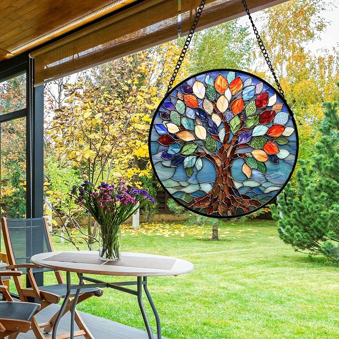 DASTOLL Stained Glass Window Hanging, Colorful Tree of Life Sun Catchers Glass - Image 6