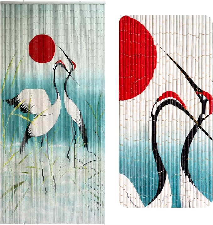 Cranes with Red Sun Beaded Bamboo Curtain 35.4" x 78.7" | 90-strand doorway by VIETBUDDECOR