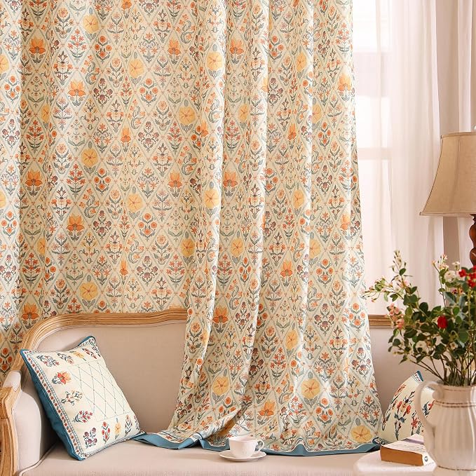 Designer French Linen Printed Curtains, 2 Panels, Floral Pattern Draps - Image 8