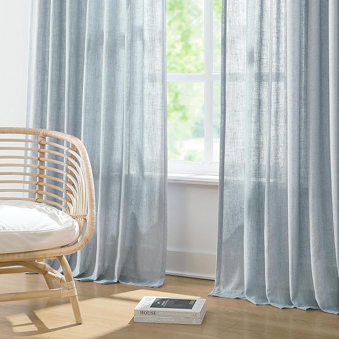 Vision Home Pinch Pleated Semi Sheer Curtains Textured Linen Blended Light Filtering Window Curtains 95 inch for Living Room Bedroom Patio Pinch Pleat Drapes with Hooks 1 Panel 60"Wx95"L,Blueish Gray