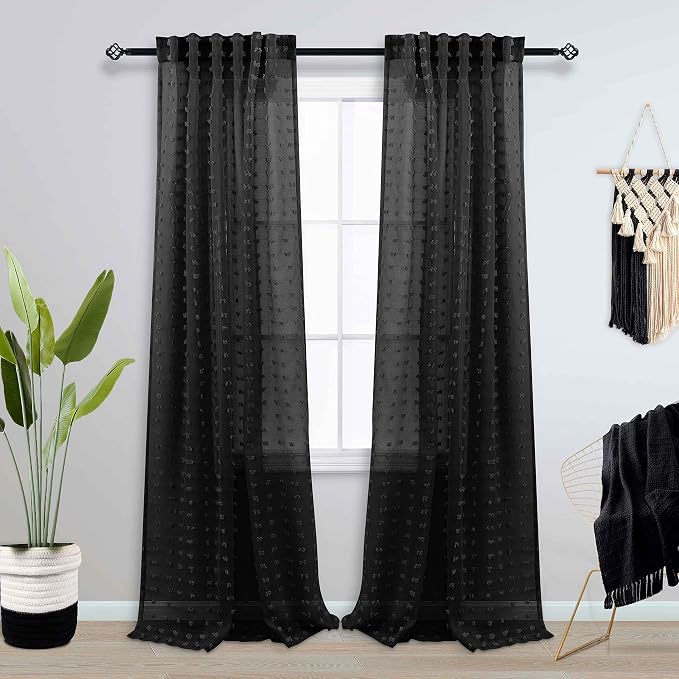 Black Curtains 96 Inches Long for Living Room 2 Panels Boho Semi Sheer Light - Image 2