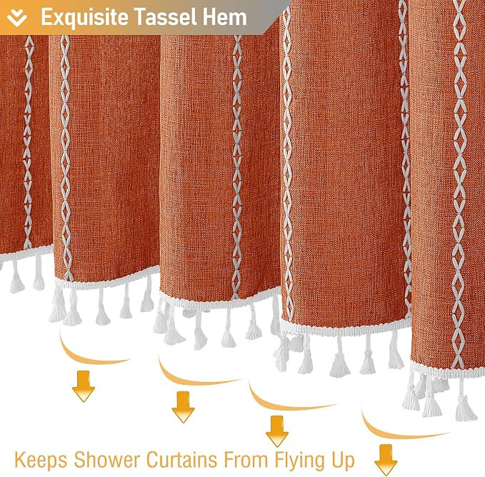 Burnt Orange Boho Farmhouse Linen Heavy Duty Shower Curtain Set, 72x72 | 330GSM - Image 6