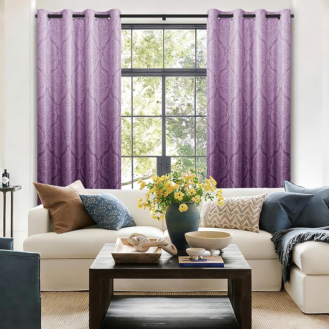 DWCN 100% Blackout Curtains 84 Inch Long-Damask Patterned Ombre Thermal - Image 3
