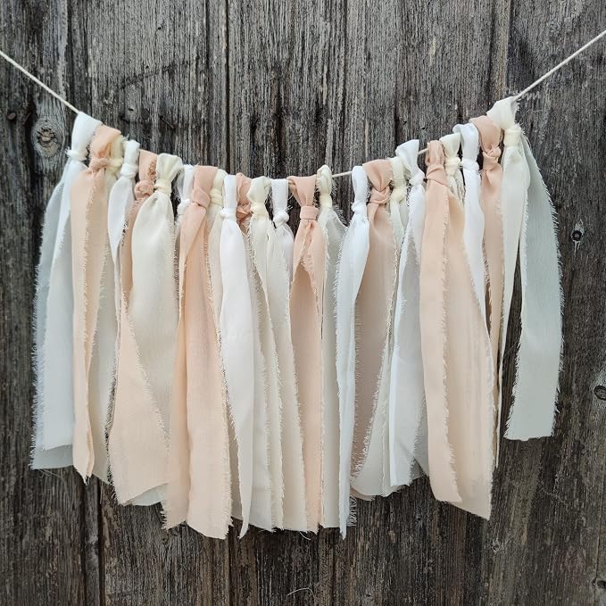 White + Beige Handcrafted Chiffon Tassel Garland - Image 2
