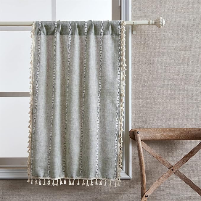 RoomTalks Green Boho Farmhouse Kitchen Curtains 45 Inch Length French Striped - Image 2