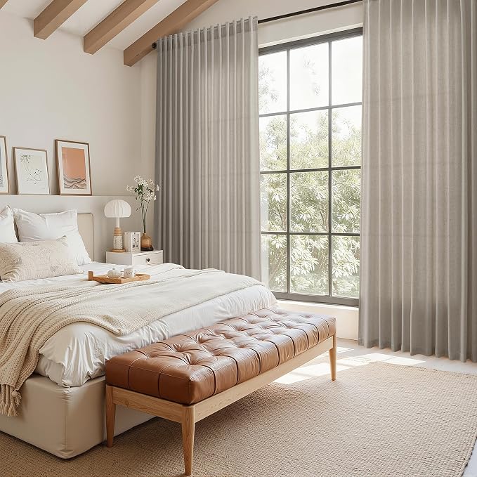 Grey Beige Curtains for Living Room 120 Inches Long Linen Light Filtering Semi - Image 7
