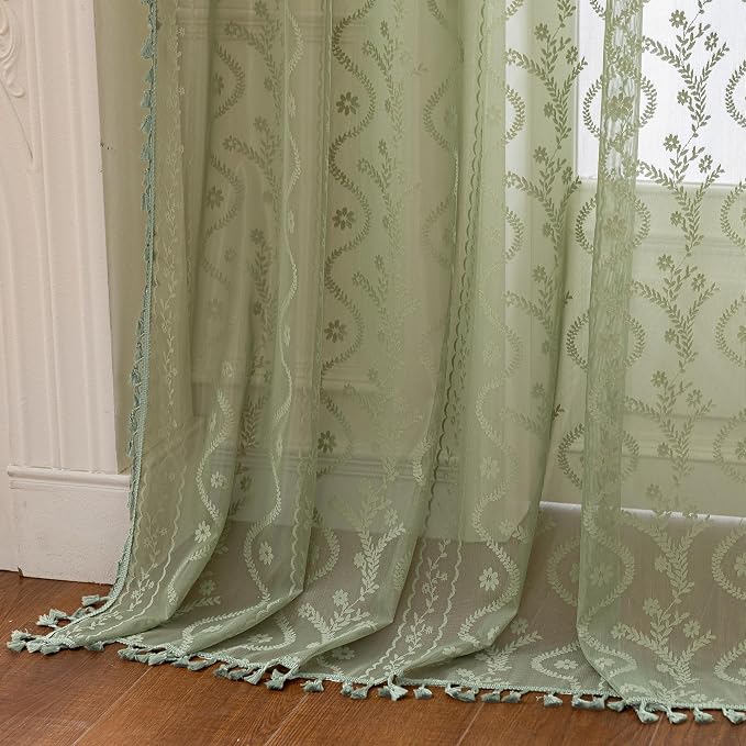 WAZZIO Boho Lace Curtains 2 Panels 72 Inch -Vintage Victorian Sheer Panel Drape - Image 6