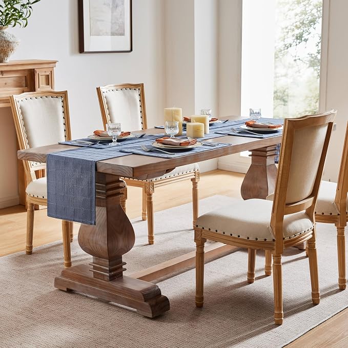 Linen Checked Farmhouse Table Runner, 13x90 Inches Blue | Raised Grid Design - Image 3