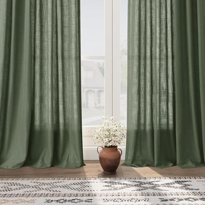 Olive Green Linen Textured 96 Inch Curtains 2 Panel Set Back Tab Rod Pocket - Image 6