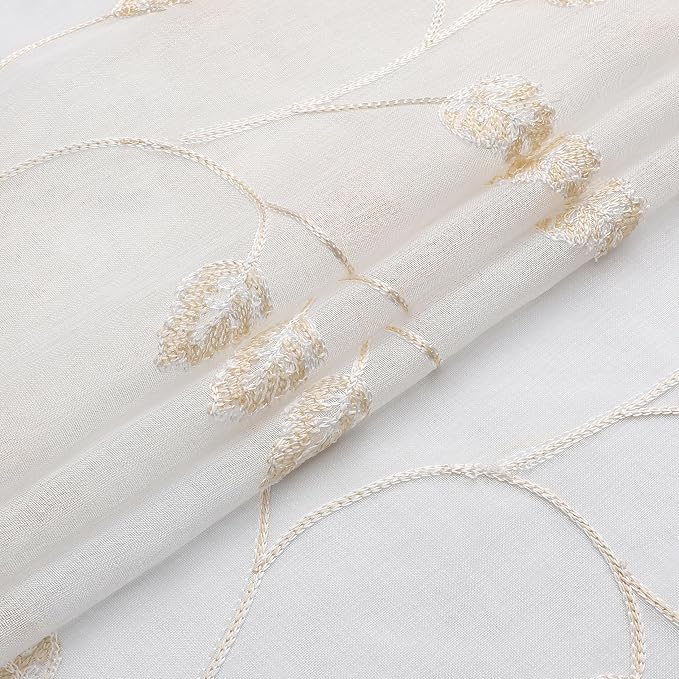 Beige Sheer Curtains Decorative Embroidered Leaf 54 Inches Long | Light - Image 5