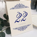 Paisley Wedding Table Numbers (Select Color/Quantity), Champagne, Navy, 1-65, Double Sided, Tent or Use in a Stand, Great for Parties & Restaurants - Made in the USA