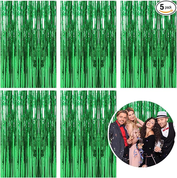 5 Pack Foil Curtain Backdrop Green Metallic Tinsel Foil Fringe Curtains Photo by KEJ