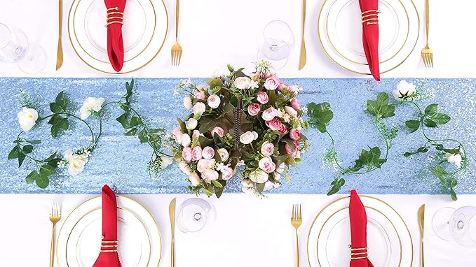 Sequin Table Runners 2 Pieces Baby Blue Table Runners 12x72 Inch Glitter Dining Table Cover for Party Wedding Birthday Reception Banquet Decoration Spring Party Chair Sashes