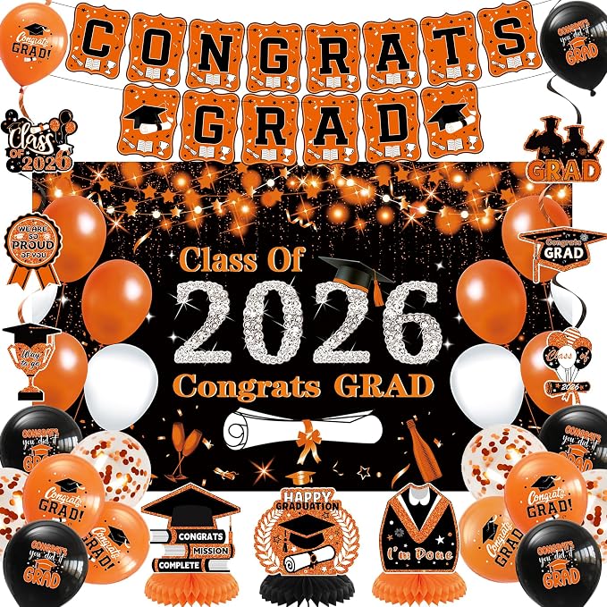 DARUNAXY Orange Graduation Party Decorations, 2026 Congrats Grad Honeycomb by DARUNAXY