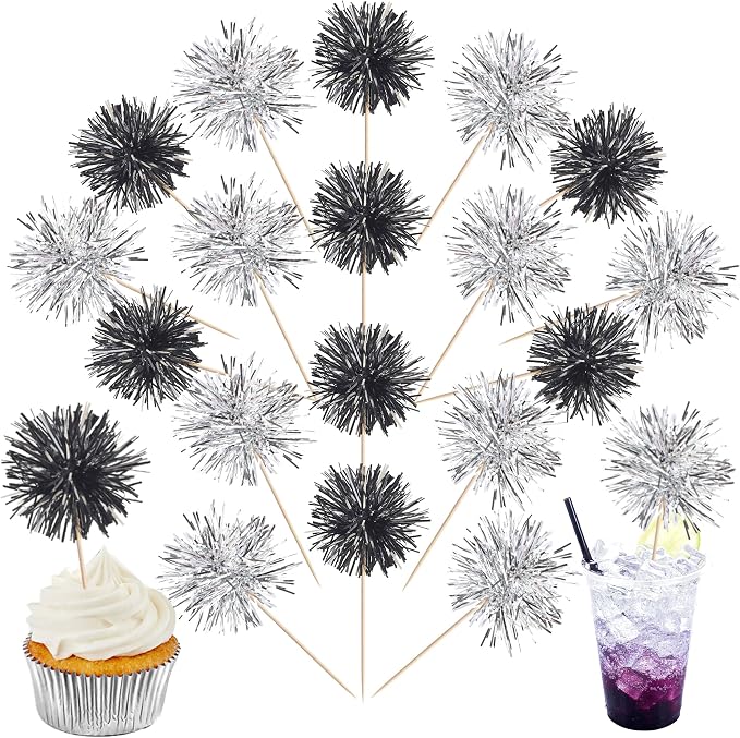 40 PCS Foil Firework Cupcake Toppers Sparkle Tinsel Cupcakae Picks Foil by ZHUOWEISM