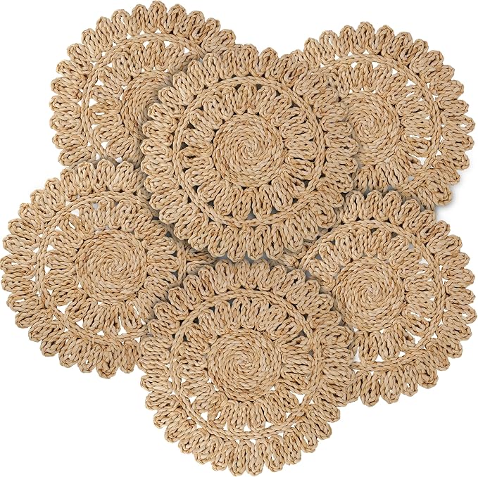 11.8" Corn Husk Woven Round Placemats Set of 6 by DaiVuCrafts