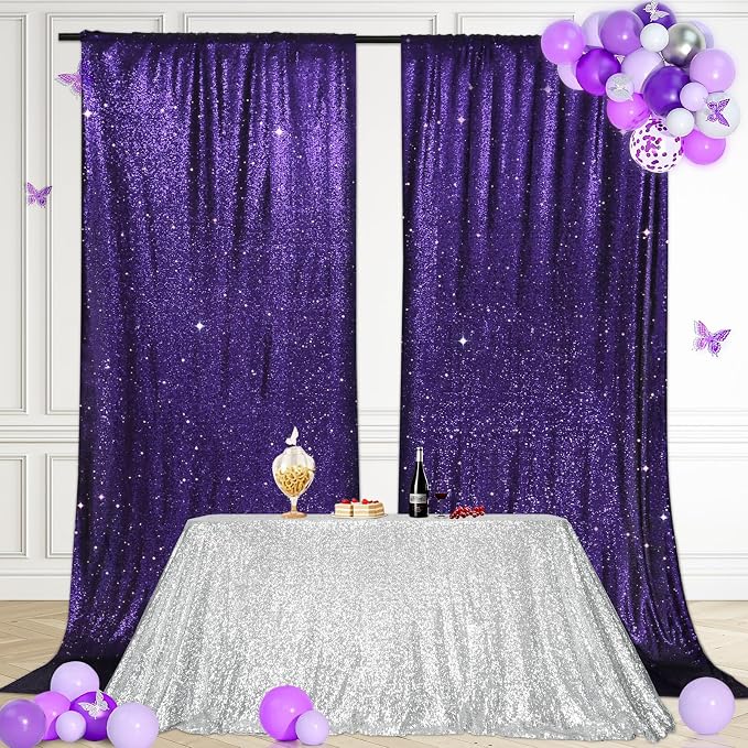 PartyDelight Purple Sequin Backdrop Curtains 5x10ft 2 Panels | Sparkly 3mm - Image 5