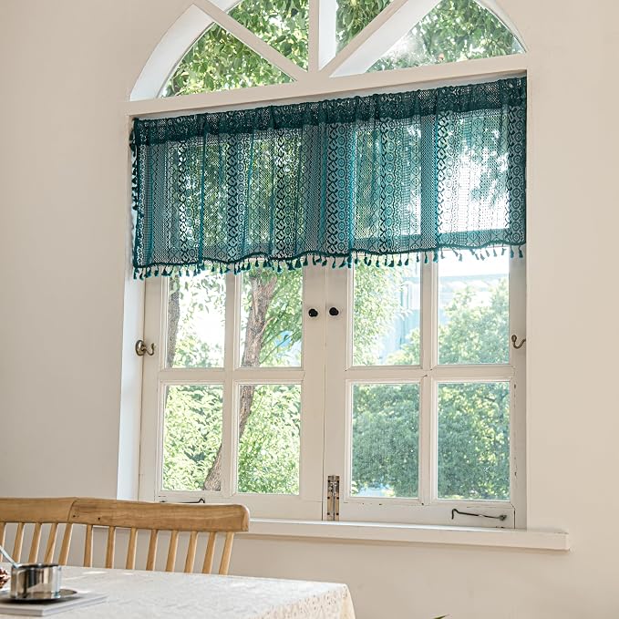 Sutuo Home Boho Valance Tier Curtains Crochet Lace Sheer Bohemian Hollow Knitted - Image 6
